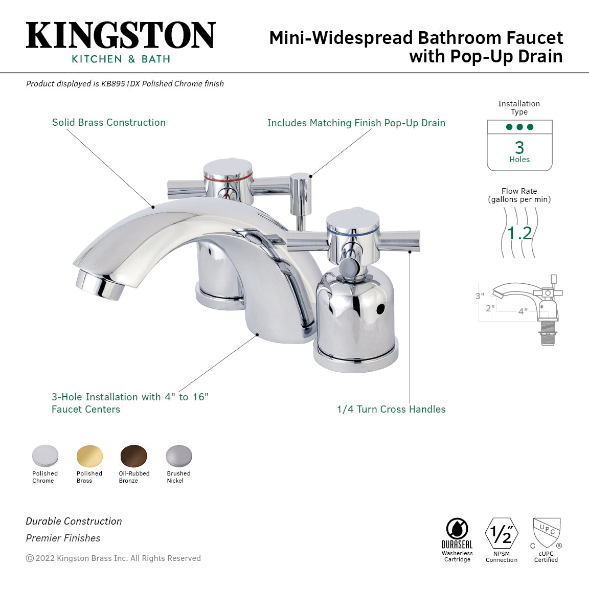 Kingston Tulare KB8952DX - Concord Two-Handle 3-Hole Deck Mount Mini-Widespread Bathroom Faucet with Pop-Up Drain, Polished Brass — thumbnail 2